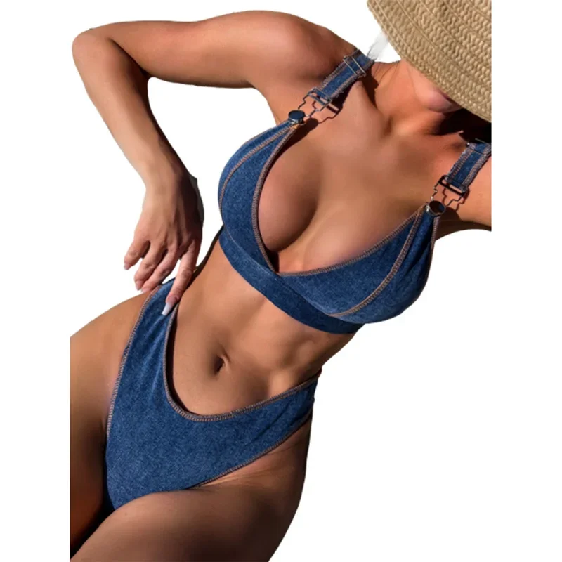 

Sexy Denim Blue Bikini Sets Women Brazilian Swimming Bathing Suit Female Vacation Adjustable Suspenders Swimsuits Separate Thong