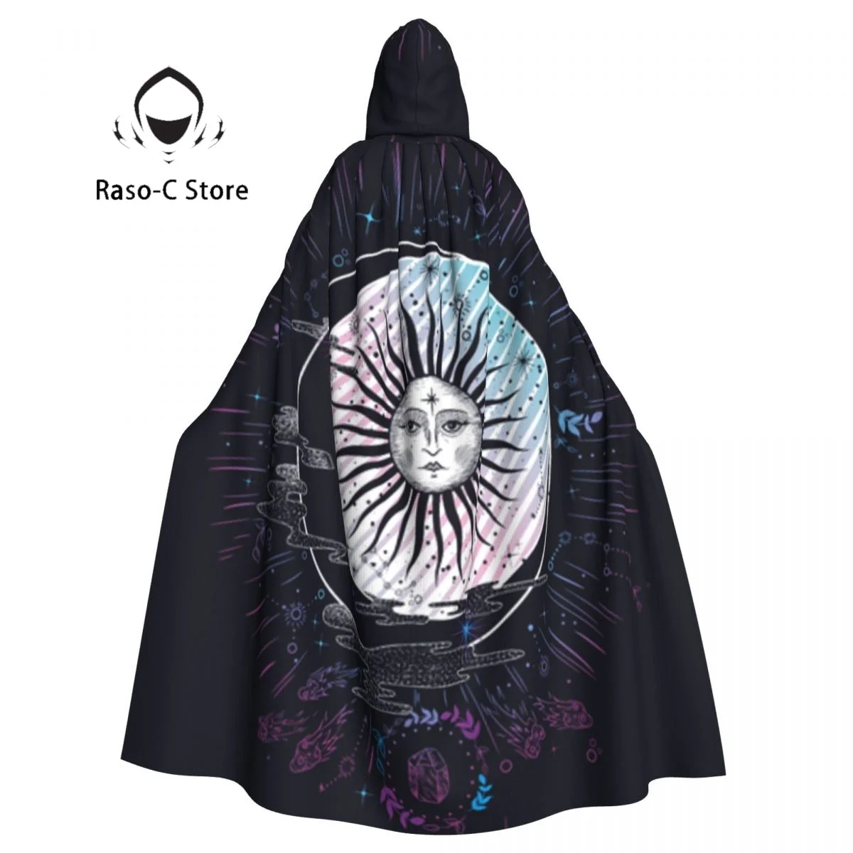 Adult Cloak Cape Hooded Moon Phases Medieval Costume Witch Wicca Vampire Elf Purim Carnival Party