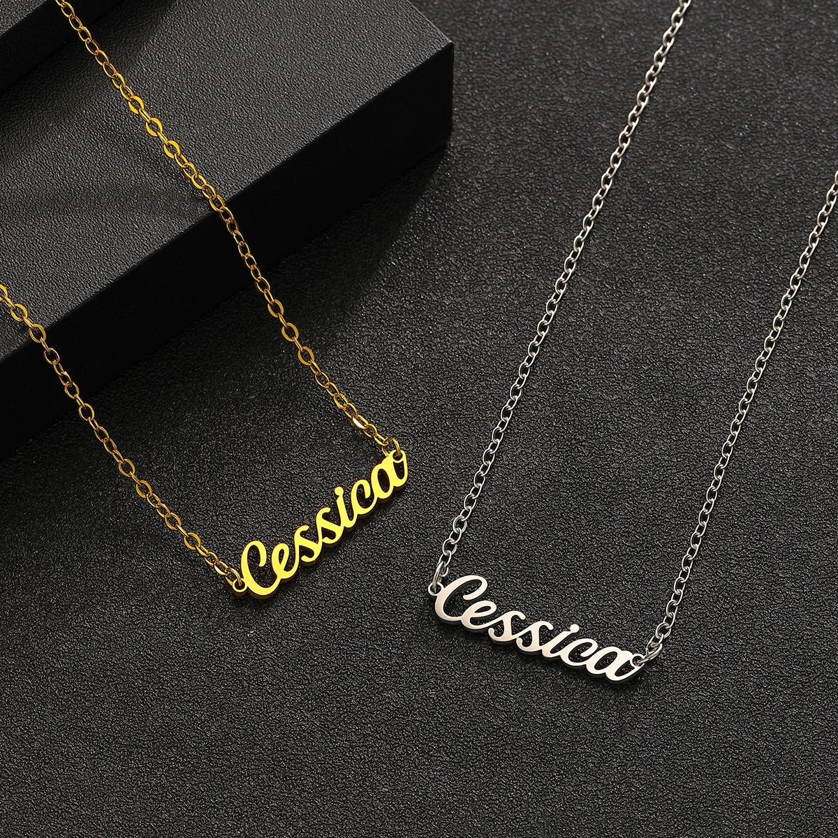 QIAMNI Customized Stainless Steel Nameplate Chain Necklace Custom Name Choker Pendant Birthday Couple Family Lover Gift Jewelry