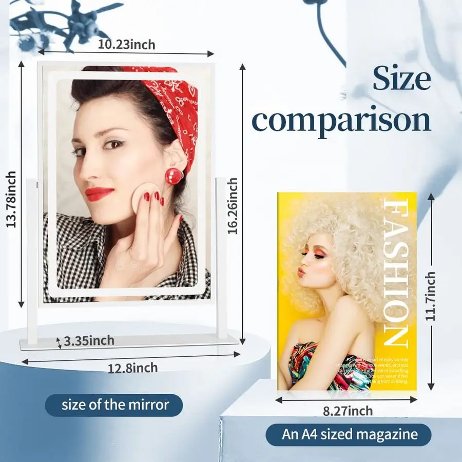Espelho com luzes 13.78 10.23 Espelho de maquiagem iluminado ajustável para mesa, espelho de ampliação 10X removível, sensor de toque, Des