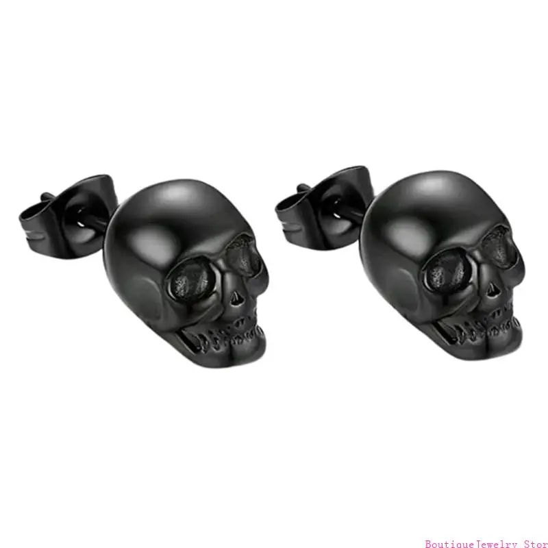 E1PE Edgy Outfit Skull Studs Pair, Vintage Gothic Alloy Jewelry with Back for Party Looks and Daily Dark Styling