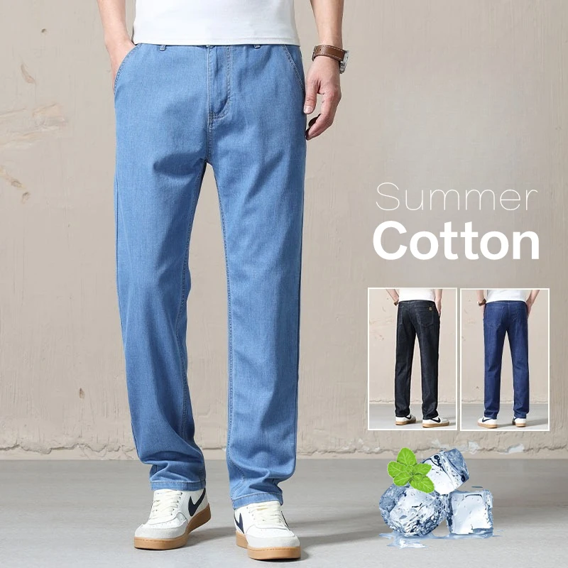 New Spring Summer Light Blue Men's Jeans Business Straight Cotton Black Casual Pants Trousers for Male Plus Size 28-40
