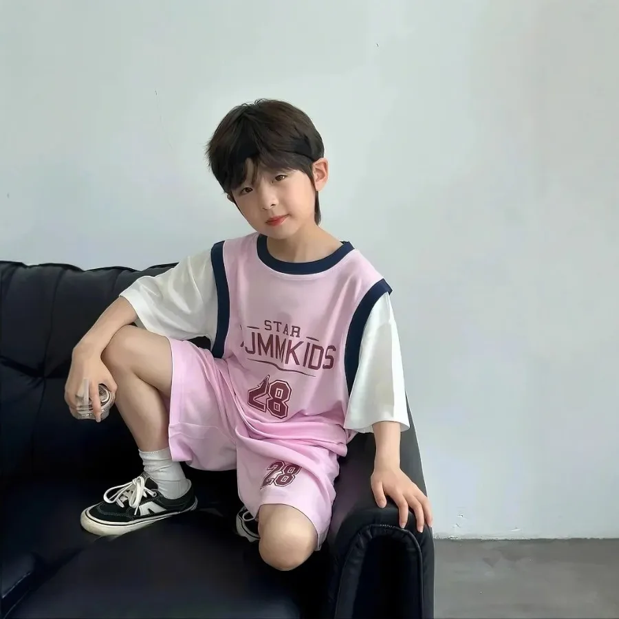 Boys' Sports Suit Summer Short Sleeved Basketball Suit Set Thin Quick Drying Basketball Suit Color Blocked Fashion Sports Style