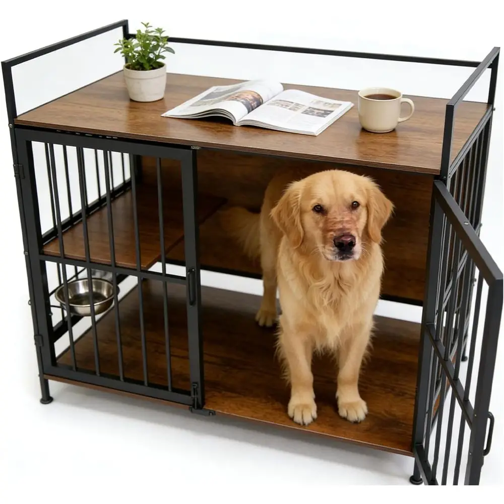 

Sturdy Wooden End Table Dog Crate with Feeders for Large and Medium Dogs, Double Door Indoor Pet Cage