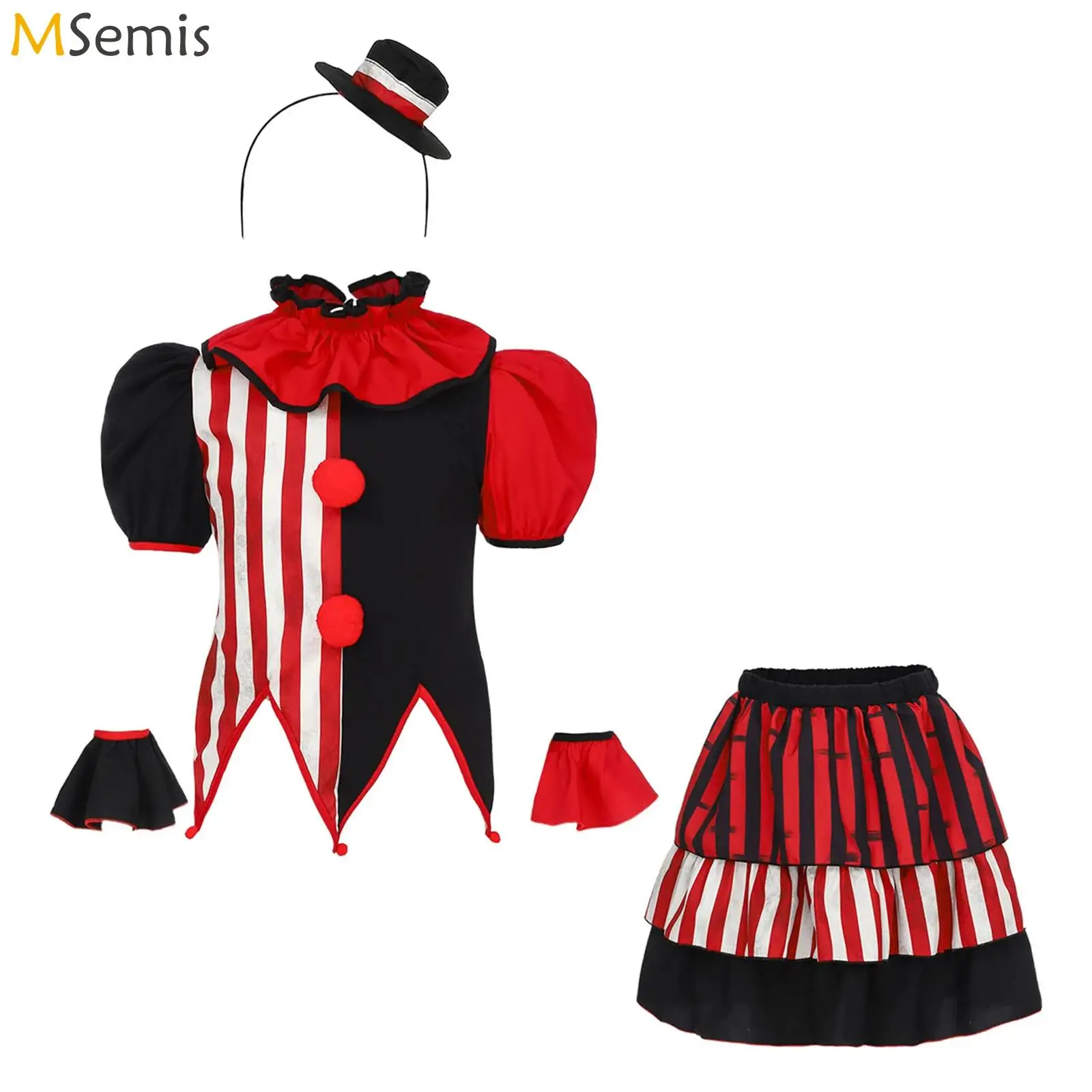 

Kids Girls Clown Circus Stripes Carnival Performance Dresses Halloween Cosplay Costume Sawtooth Hem Top Layered Ruffled Skirt