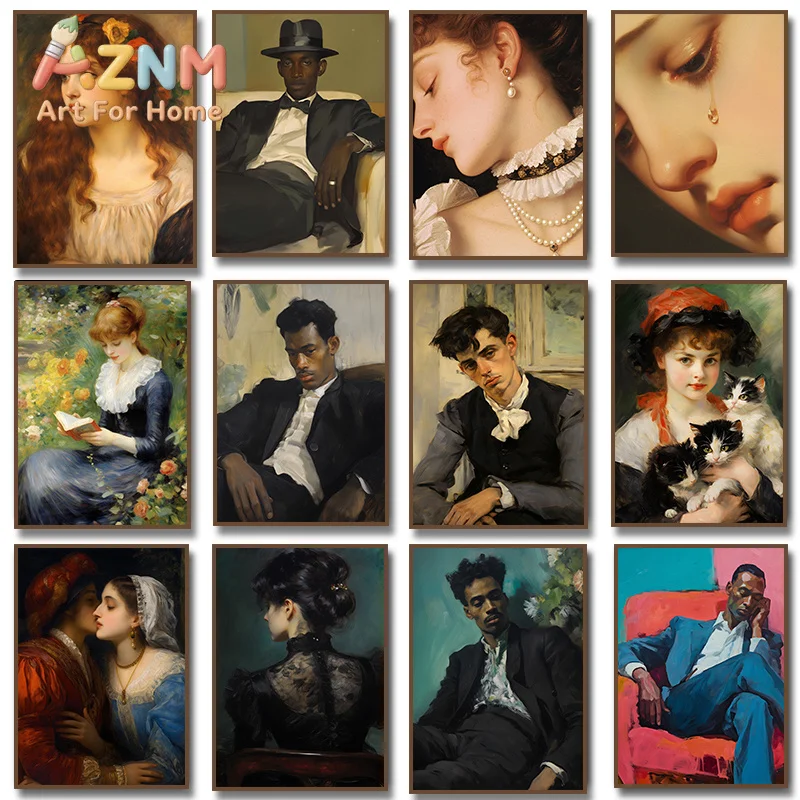 1pc framless Canvas Painting Black People Gentleman Portrait Poster Woman with Pearl Necklace Reading Canvas Painting Prints for