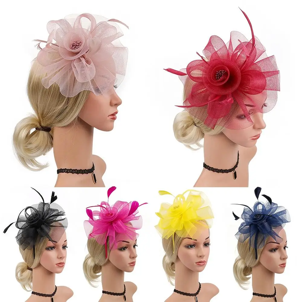 Bridal Fascinator Hats Vintage Feathers Ribbon Tea Party Derby Hat Mesh Kentucky Headband Women