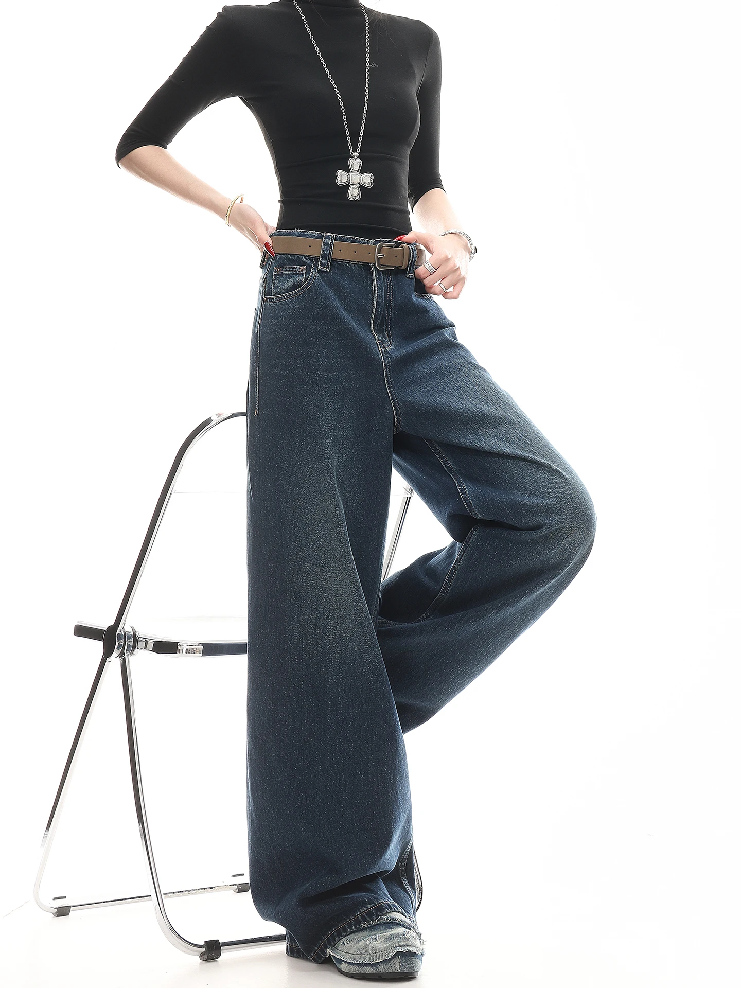 

Женские широкие джинсы в американском ретро-стиле с эффектом потертости, свободные брюки в пол KEN STUDIO, винтажный стиль, глубокий цвет