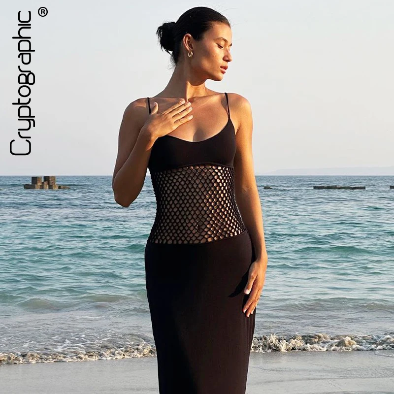 

Cryptographic Black Sexy Fishnet Detail Maxi Dress Club Party Elegant Outfits for Women Summer 2025 Mesh Splice Slip Dresses