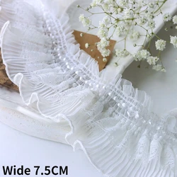 7.5CM Wide Double Layers White Stretch Guipure Lace Fabric Dress Collar Cuffs Elastic Ruffle Trim Sew Embroidery Fringed Ribbon