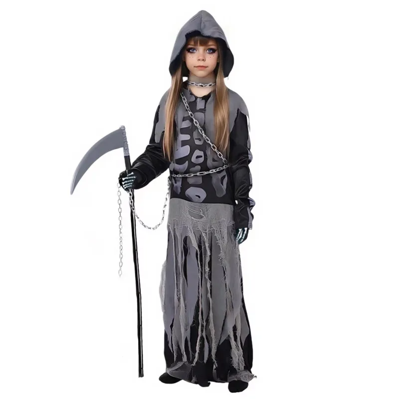 Strój Diabła na Halloween dla dziewczynek w wieku 3-12 lat, sukienka szkielet z łańcuchami i kosą, straszny Stróż Śmierci, przebranie, dopasowane rękawiczki, na imprezę.