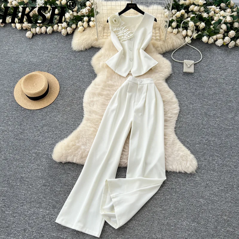 

HKSH 2026, весна-лето, новый женский комплект из двух предметов, элегантный модный жилет с трехмерным цветком и v-образным вырезом, широкие брюки HK18447