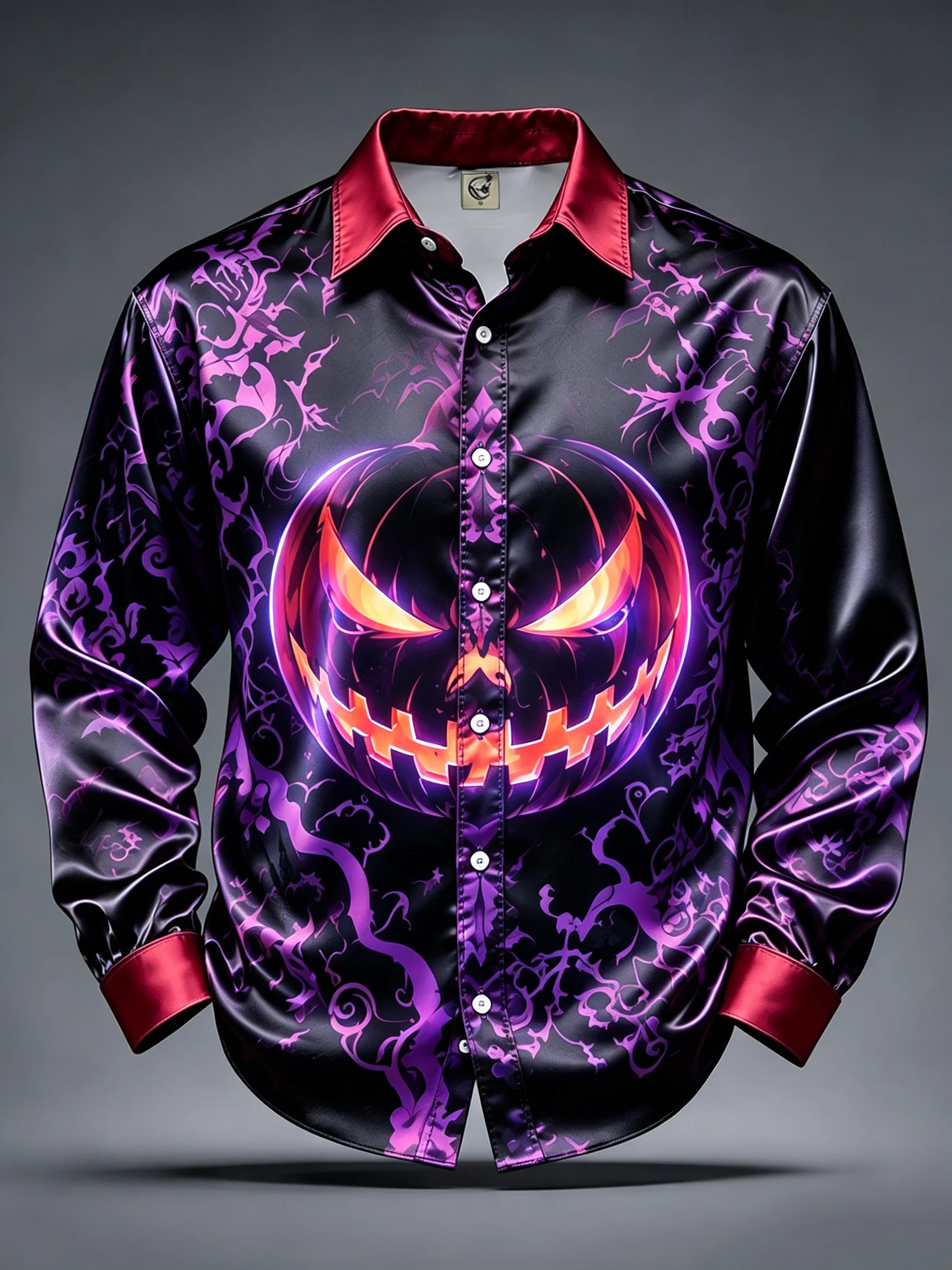 Men's Satin Long Sleeve Shirt Halloween Glowing Pumpkin Print Party Button Down Shirt