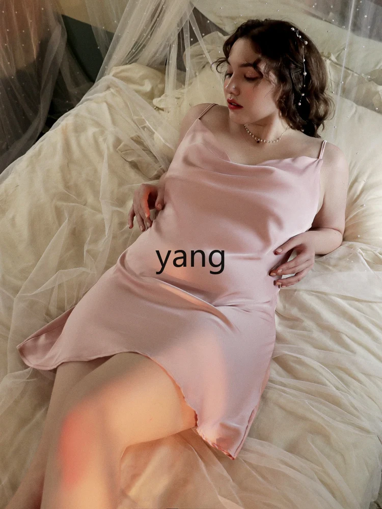 LMM large size sexy pajamas ice silk fattened plus suspenders spring and summer fat sister 100kg nightdress