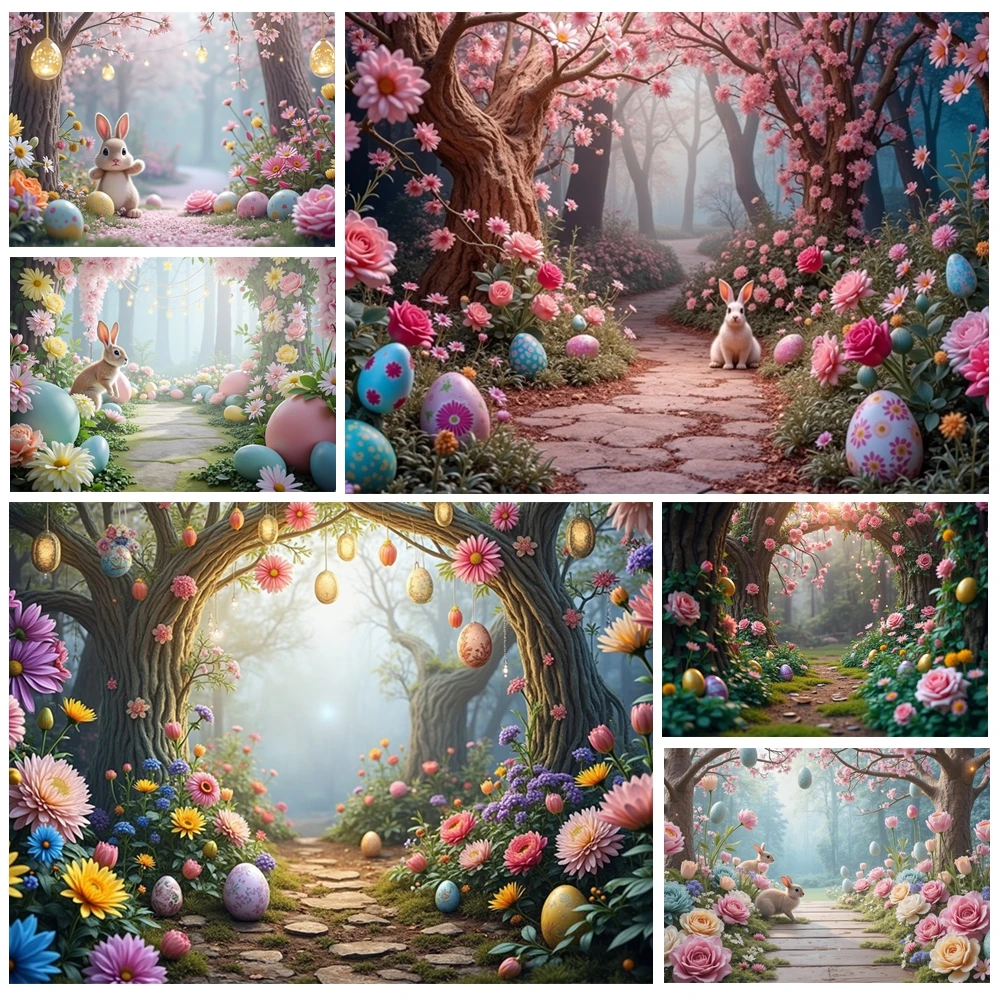

MOON.QG Easter Woodland Photography Background Hanging Eggs Wildflowers Forest Backdrop Accessories Photoshoot Photo Photobooth