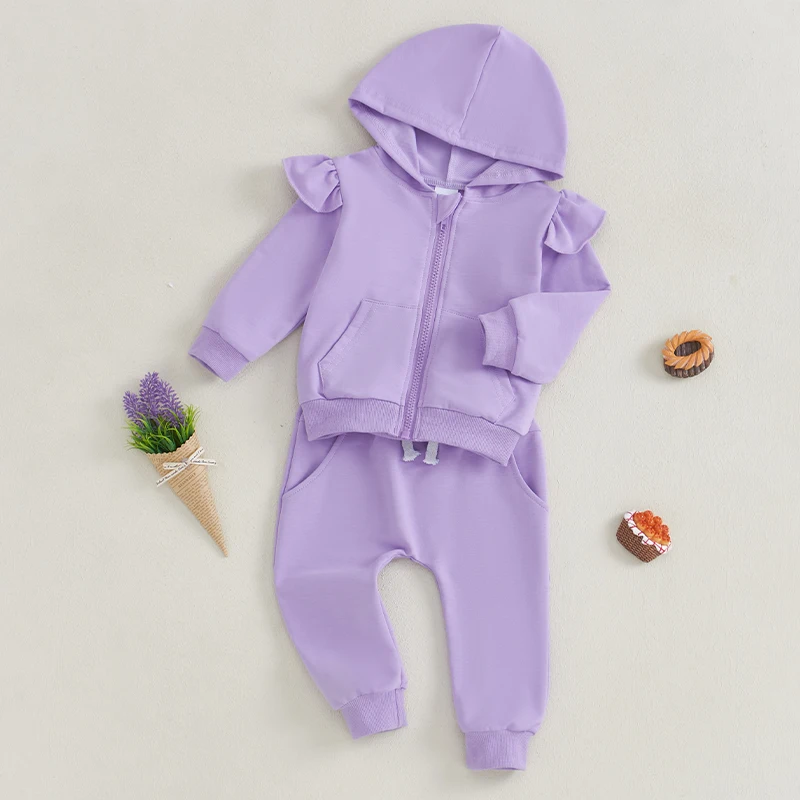 Kid Girls Pants Set Long Sleeve Zipped Hoodie with Elastic Waist Sweatpants Clothing Set