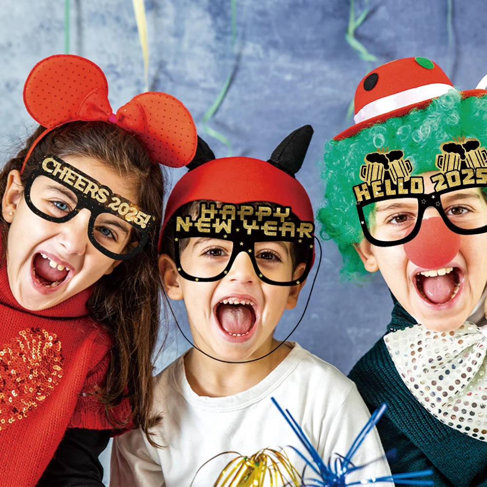 6/12Pcs 2025 Happy New Year Paper Black Gold Hats Glasses Set DIY Christmas Party Decoration New Year Navidad Gifts