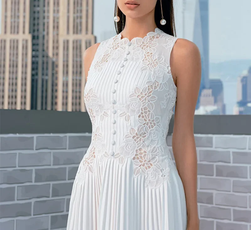 ファッション刺繍プリーツドレス女性のノースリーブかぎ針編みフラワー中空アウトステッチホワイトウエディングパーティーローブ Vestidos