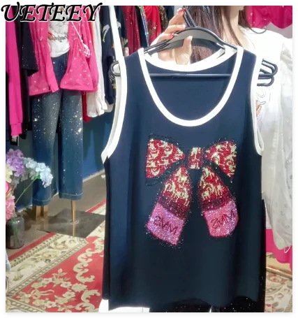 

Европейский женский летний топ без рукавов из ледяного шелка с тяжелыми стразами, милым мультяшным принтом и бантом, универсальный, черный