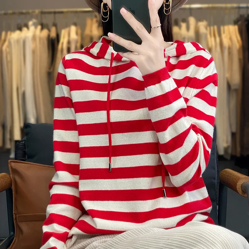 2023 New Striped cashmere hoodie Sweater Women  Knit Tops Hoodies Casual Women Long Sleeves hoodie Pullover