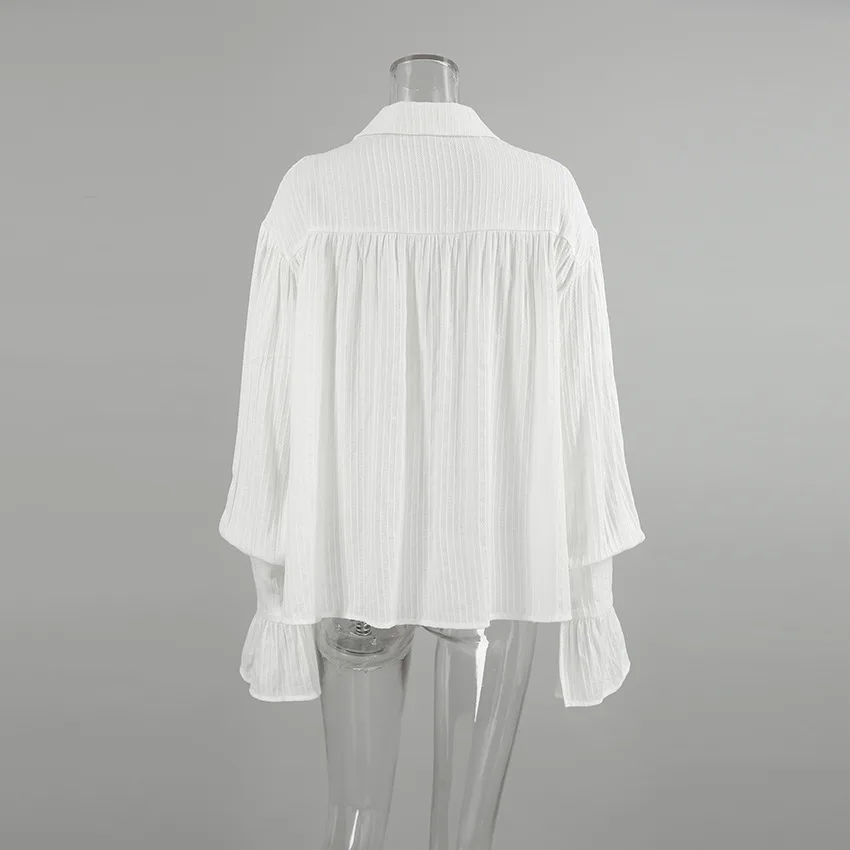 Camicia corta elegante bianca nuova chic da donna Manica lunga svasata a petalo Bavero con volant a pieghe Camicia monopetto dolce a-line Top