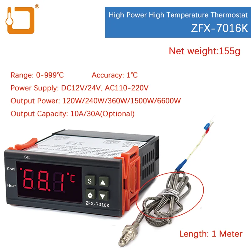 ZFX-7016K Digital Thermostat Controller K Type Sensor -50-999℃ 10A 30A AC90-250V