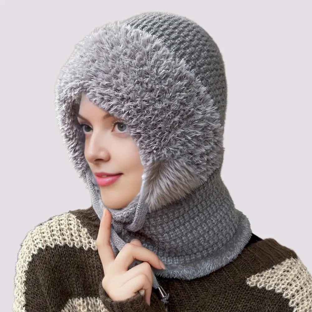 Soft Fleece Hat 3-in-1 Women’s Knitted Headgear Set Fleece Lined Winter Hat Scarf Face Guard Windproof Skiing Hiking