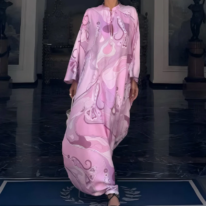 Abito da festa ampio con stampa modello elegante da donna Abito bohémien con lacci sexy con scollo a V Abiti lunghi in raso cavo a vita alta