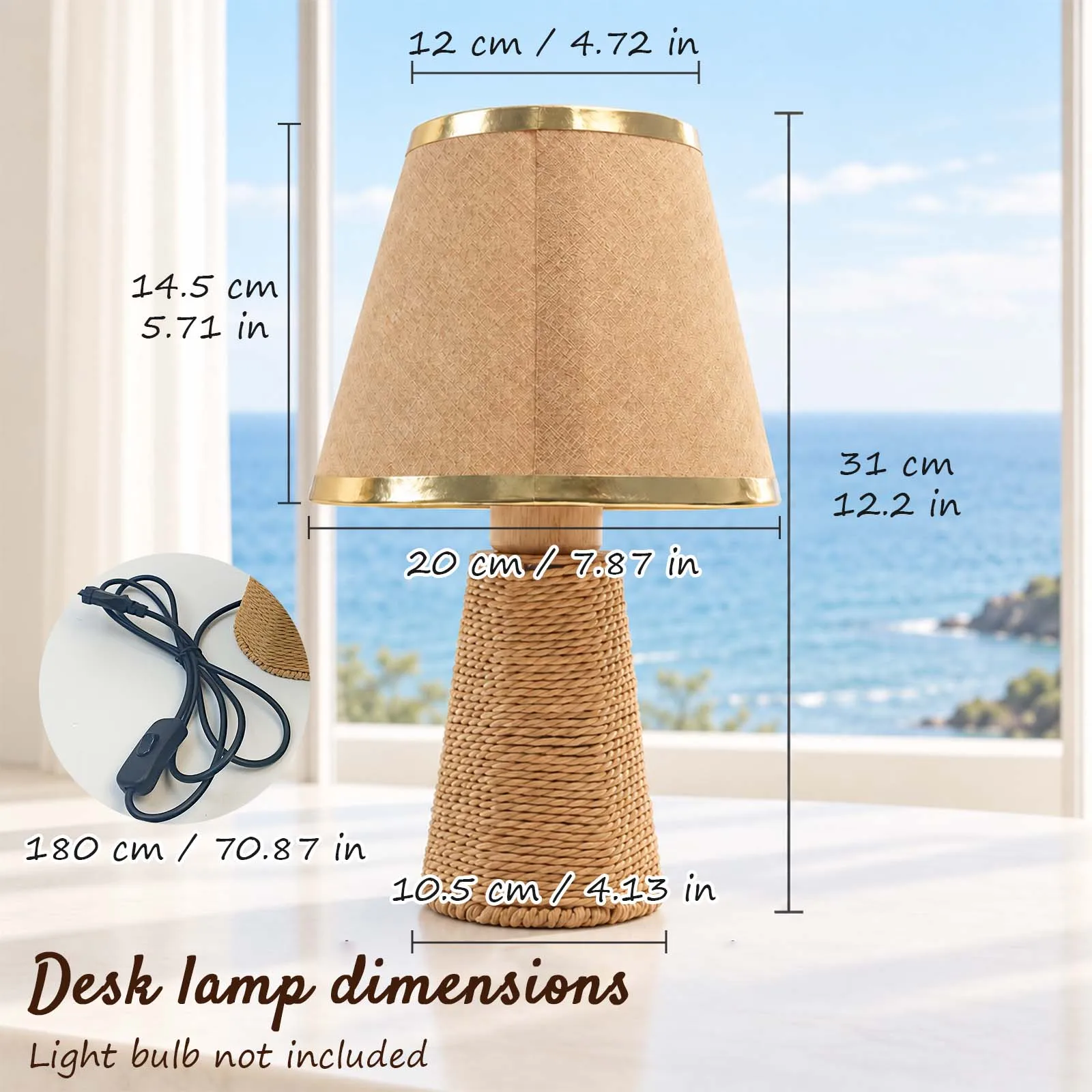 Wabi-Sabi Khaki Linen Table Lamp, Conical Shade Woven Cone Base for Bedroom