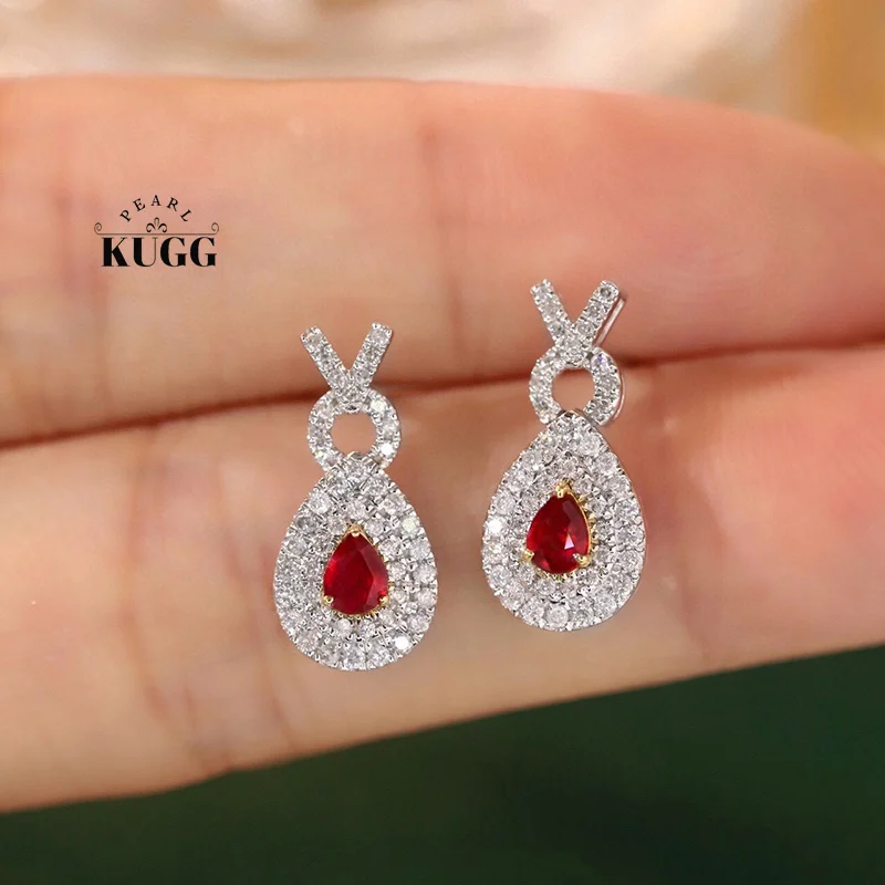 KUGG 100% 18K White Gold Earrings Luxury Diamond Natural Ruby Stud Earrings for Women Elegant Gentle Style High Party Jewelry