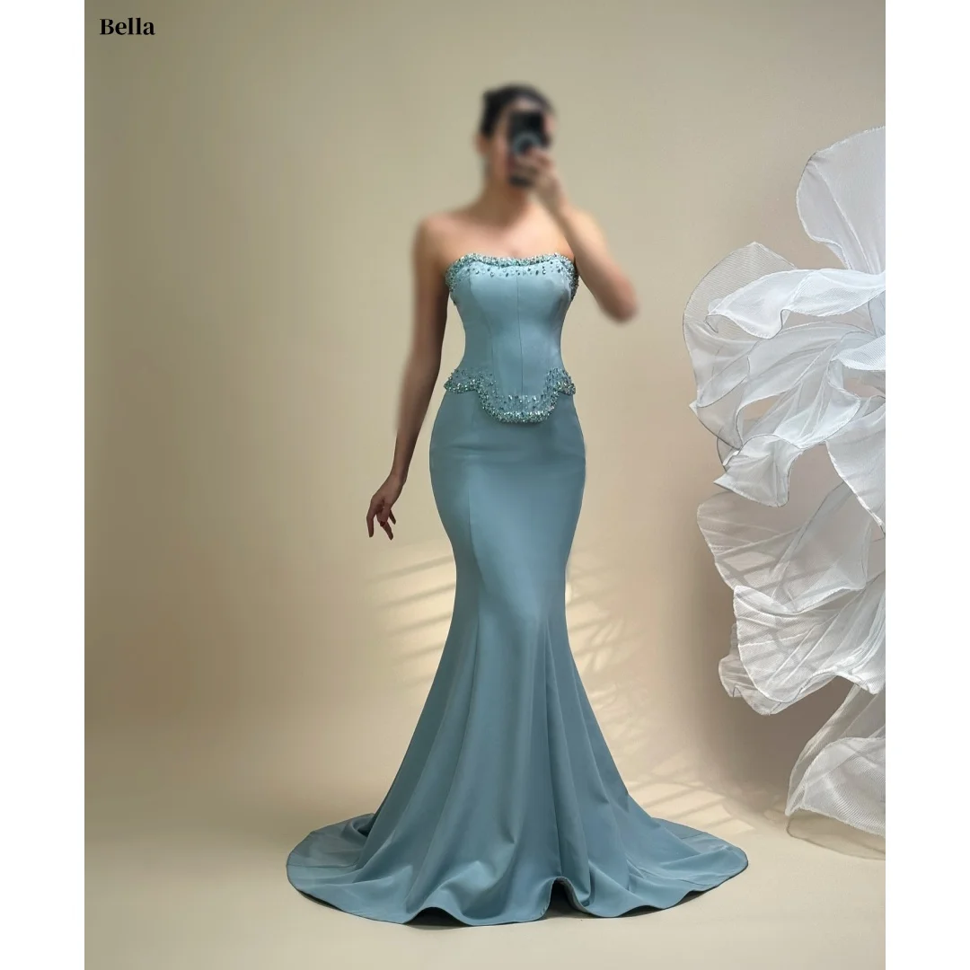 

Bella Customized Luxury Satin Elegant Strapless Shiny Mermaid Prom Long Cape Dresses vestidos de noche Beaded Formal Evening