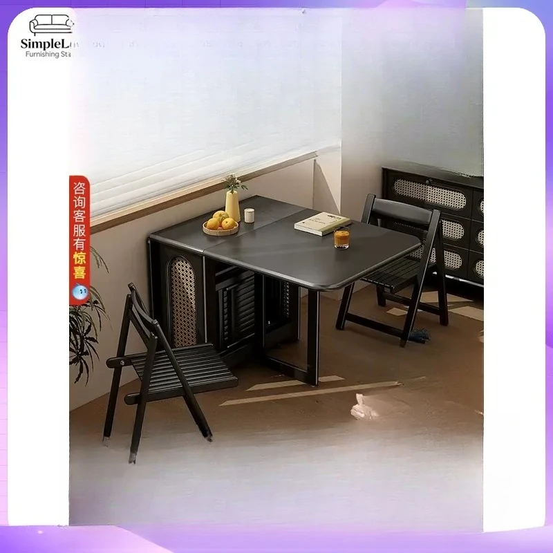 Black Rectangular Solid Wood Rock Slab Folding Dining Table Retractable Small Apartment Light Luxury Invisible Induction