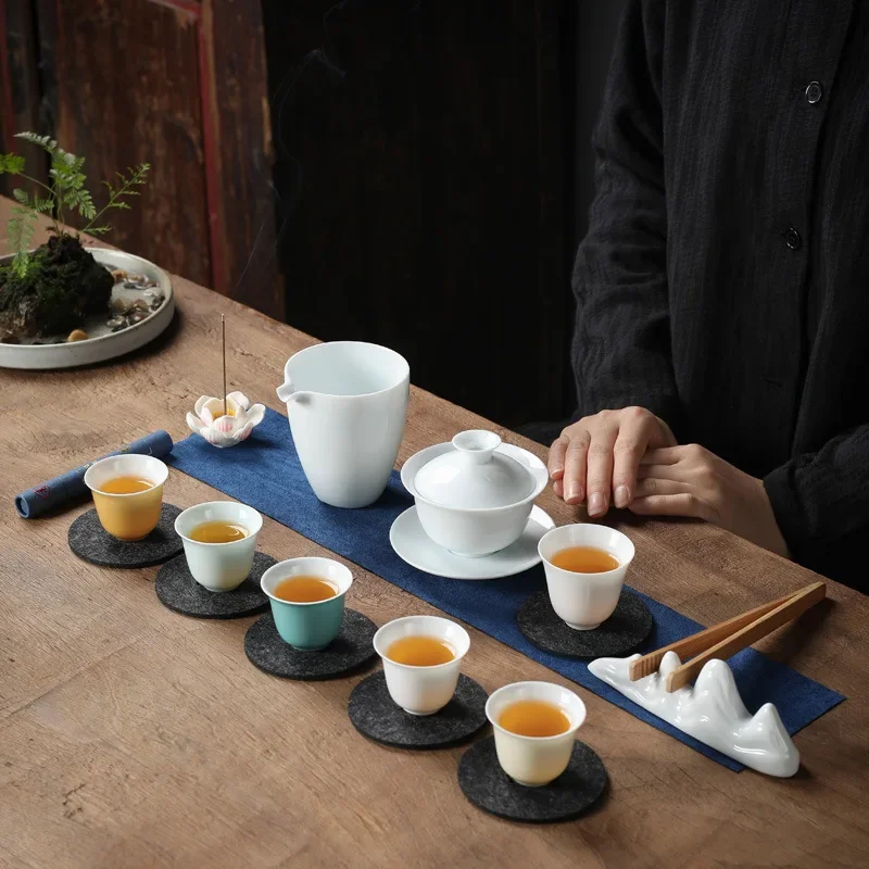 White Porcelain Mutton Fat Jade Gemstone Yellow Kettle Ceremony Kung Fu Tea Set Portable Bag Travel Creative Gift Tea Cup Set