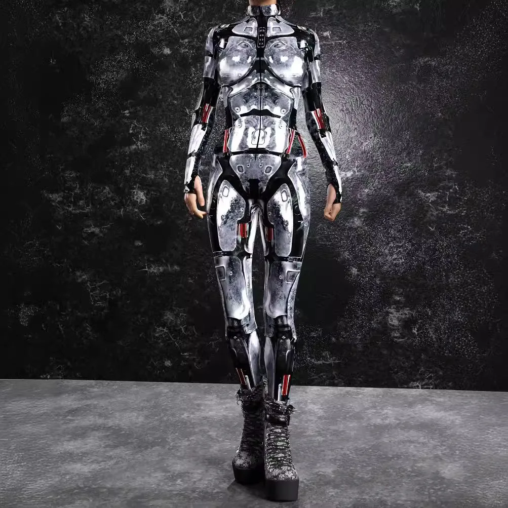 Women Cyber Punk Armor 3D Printing Jumpsuit Halloween Robot Cosplay Zentai Suit Adult Fancy Monos Bodysuit Rave Outfit Morphsuit