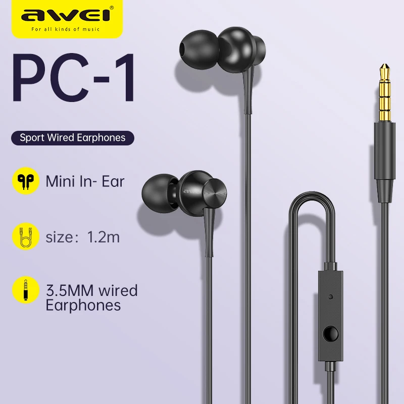 Awei PC-1 3.5 มม.หูฟังชนิดใส่ในหูแบบมีสายหูฟังกีฬาหูฟังพร้อมไมโครโฟนสําหรับโทรศัพท์สเตอริโอ Super BASS หูฟัง