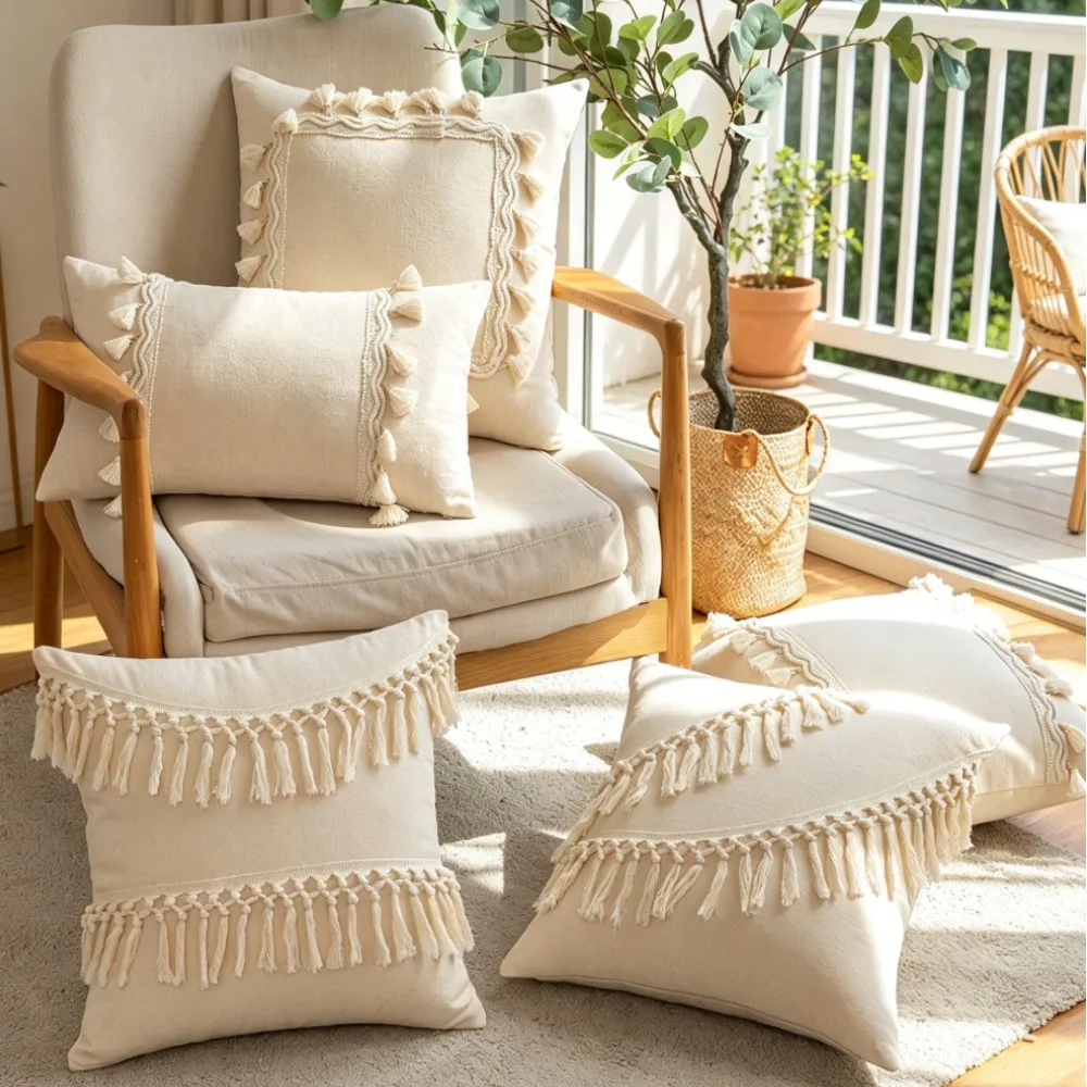 Linen Canvas Geometric Tufted Cushion Cover with Tassel Patchwork Decorative Pillowcase for Home Neutral Style Christmas Gift