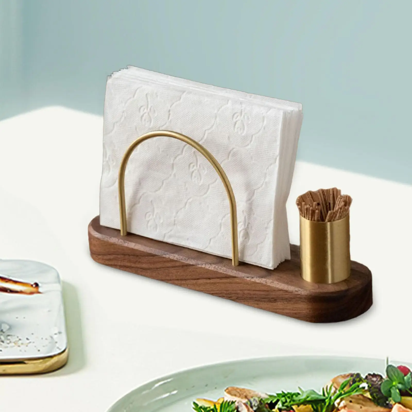 

Napkin Holder with Toothpick Holder Practical Wood Base Brass Napkin Dispenser for Restaurant Household Desktop Hotel Wedding