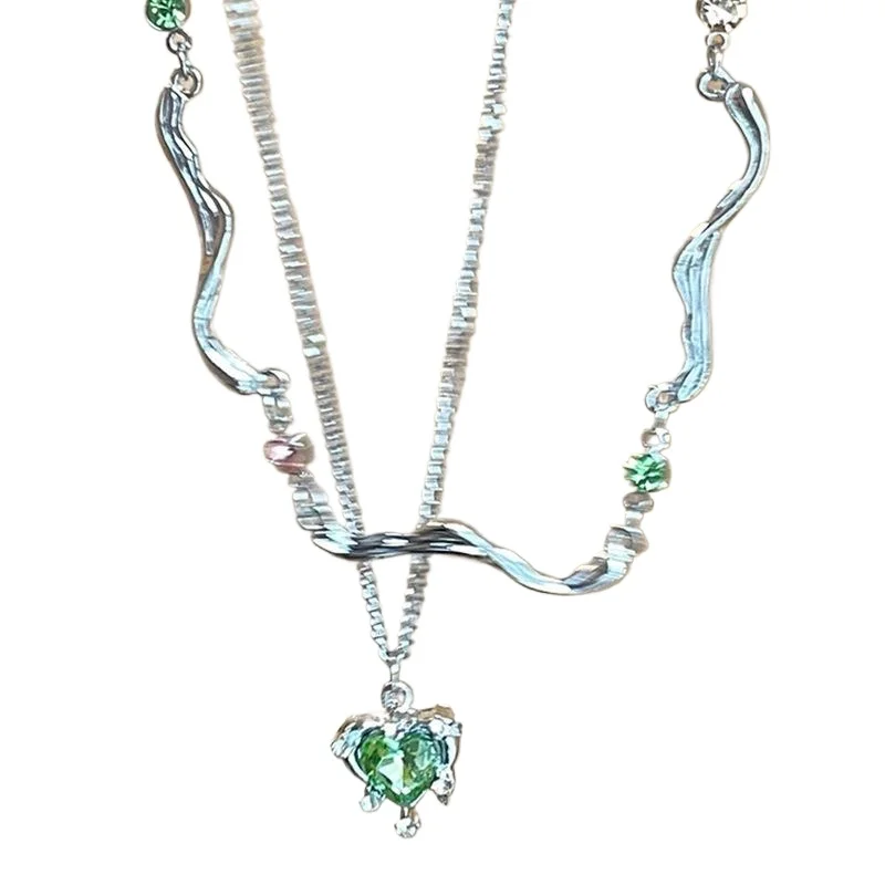 Y2K موضة الصيف طبقة مزدوجة سلسلة الأخضر كريستال قلادة للنساء الحلو كول الخوخ القلب سلسلة الترقوة المجوهرات الجمالية
