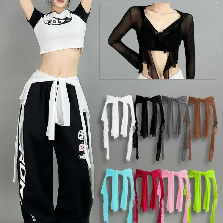 Red Jazz Dance Skirt Curtain Street Dance Fashion Tassel Mesh Top Waist Match Cover up Two Use Drifting Sense Polyester