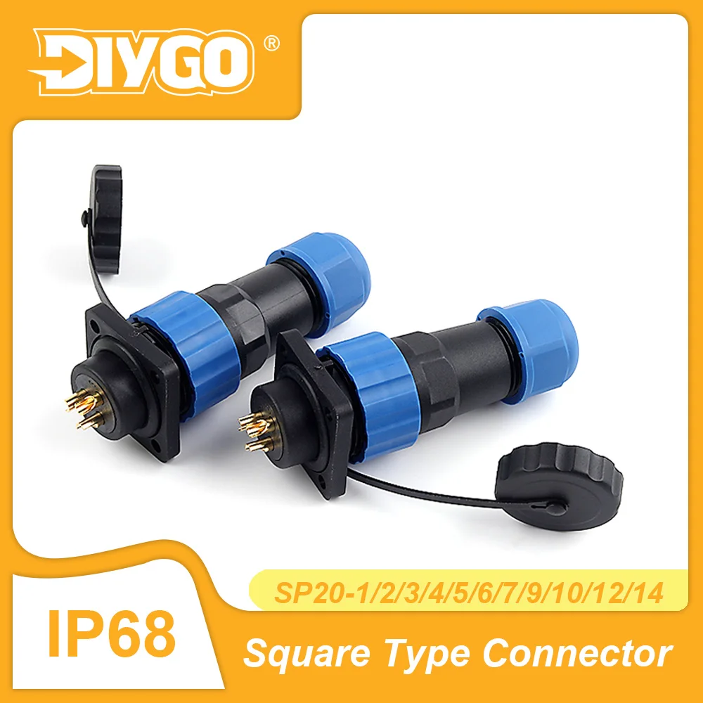 SP20 Square Waterproof Connector Aviation Connectors Outdoor Panel Mounted 1/2/3/4/5/6/7/9/10/12/14 Pin Plug Socket Welding IP68