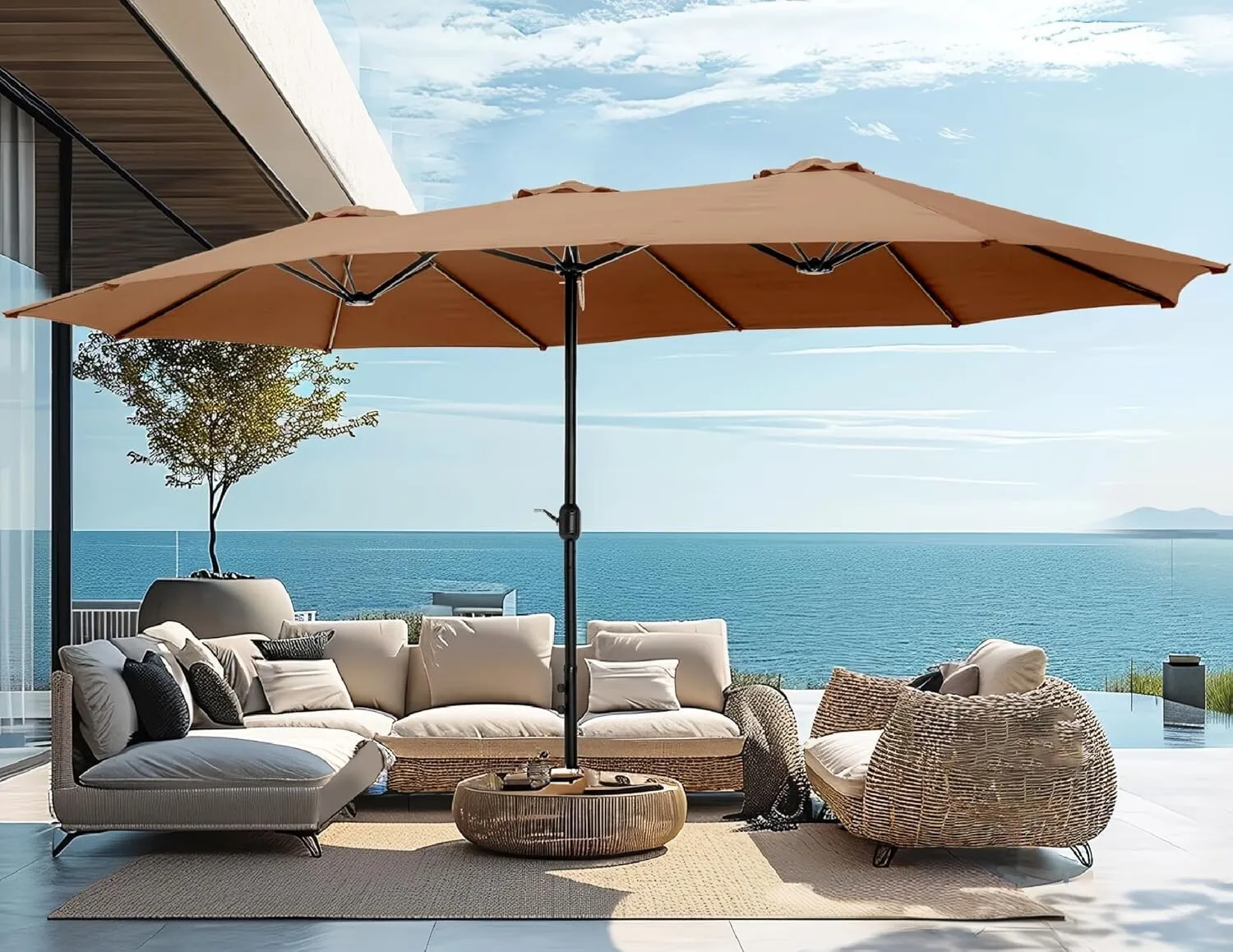 

Patio Umbrella Outdoor Double-Sided Large Market Umbrella w/ Umbrella Base 15ft