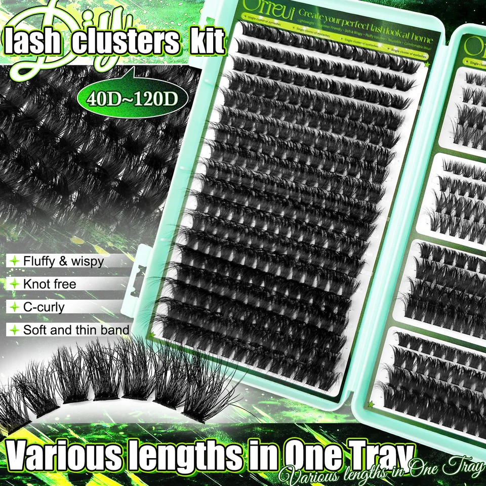 Kit de pestañas postizas DIY de 40D a 120D, rizo D, longitud mixta de 12 a 18 mm, con pegamento y pinzas 2