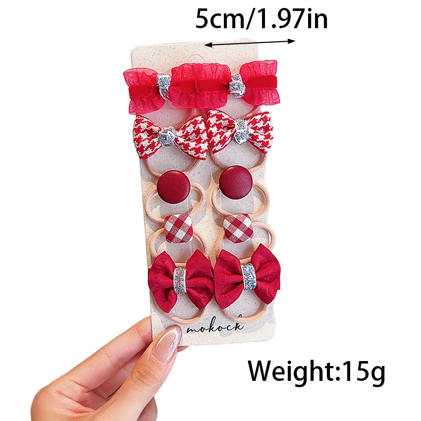 10 Stück Süße Kinder-Haarschleifen aus Stoff mit Blumen- und Karomuster, Mini-Elastische Haarbänder mit Pompon, Herzperlen, Haaraccessoires für Mädchen und Kleinkinder – Detail 2