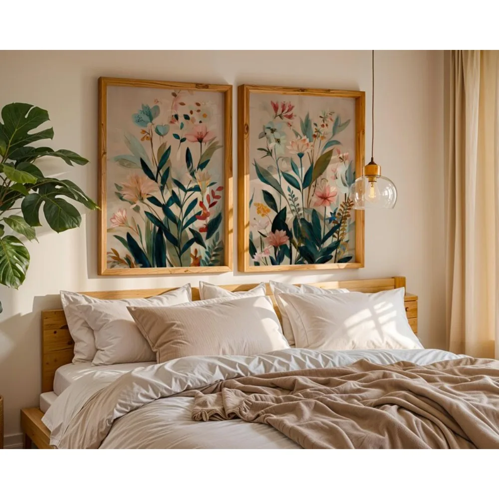 2pcs frameless Canvas Painting 2 Frameless Plant Wall Art Prints Modern Flower Digital Download, Beige Background Plant Prints,