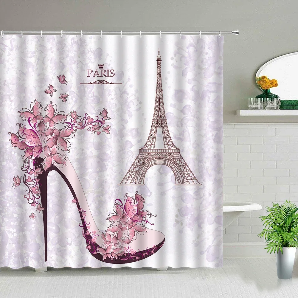 London Big Ben Paris Tower Red Bus Shower Curtain Building Landscape Bathroom Curtains Waterproof Fabric Bath Screen With Hooks