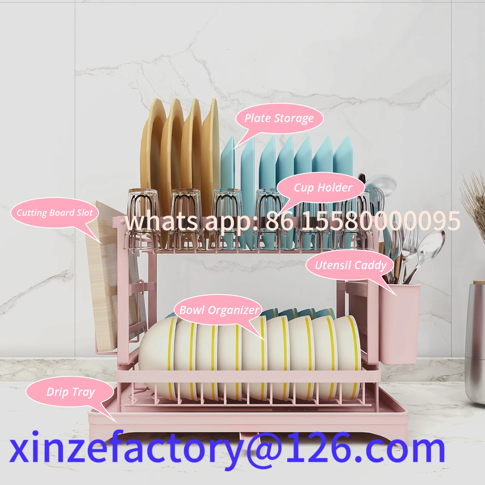 رف أطباق وردي قابل للتخصيص، رف تجفيف الأطباق من طبقتين، مع حامل للأواني ولوح القطع، مناسب لعائلة 1-4 أشخاص #4