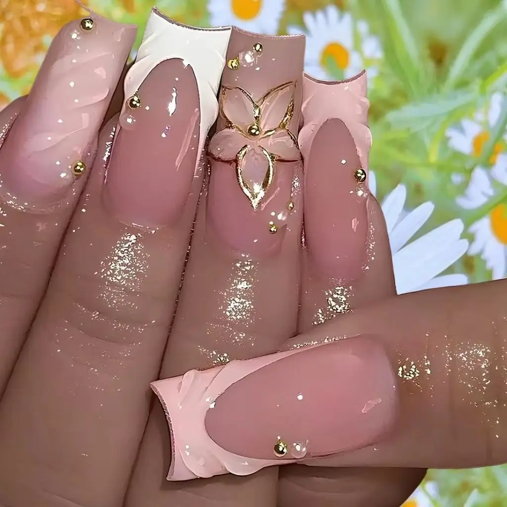 

Romantic 3D Water Ripple Gold Bead Flower Wearable Nail Art Pink Pearl False Nails Detachable Finished Fake Nails Press on Nails