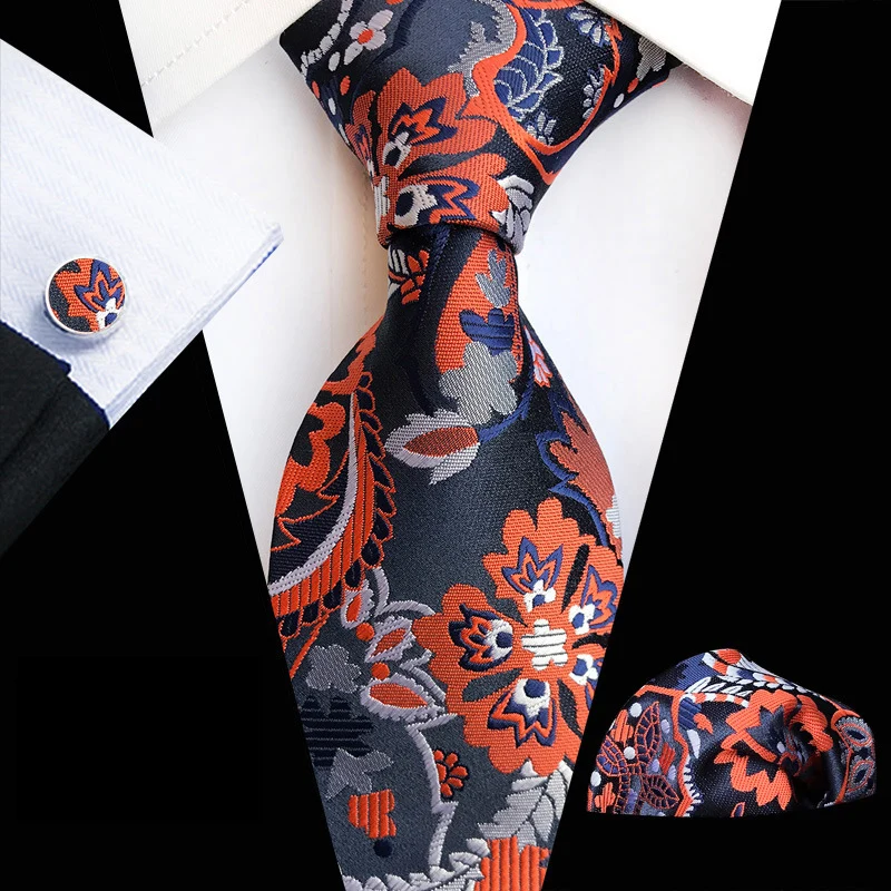 HUISHI 8cm Men\'s NeckTie Set Handmade Floral Neckties Cufflinks Handkerchief Luxury Bussiness Wedding Suit Accessories Gifts