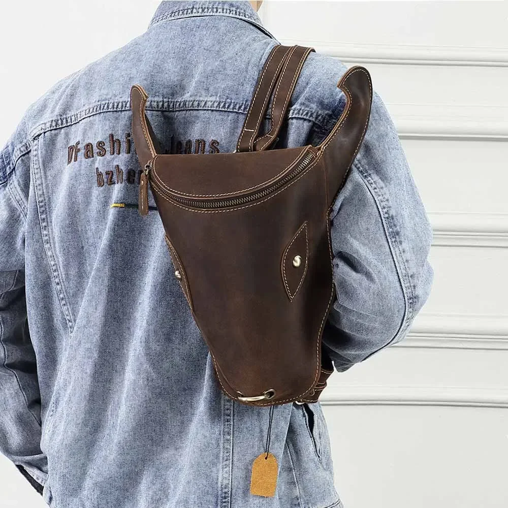 Vintage Crazy Horse Leather Backpack with Unique Bull Head Design for Men