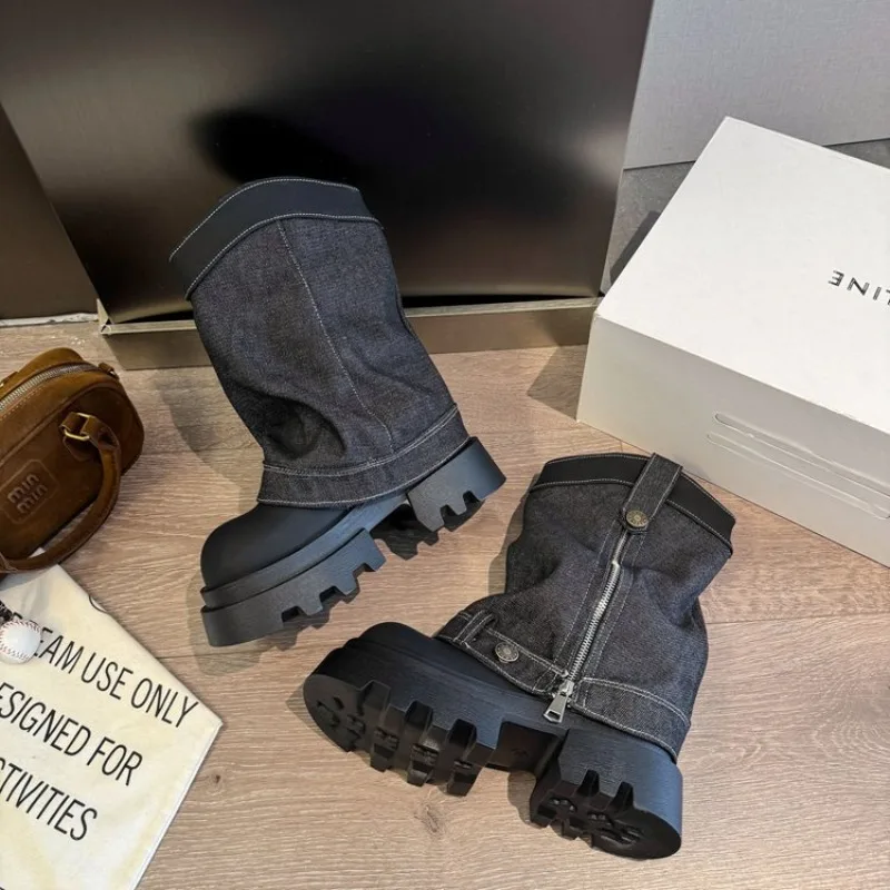 

Hot Seller 2026 New Denim Ankle Boot for Women Round Toe Thick Bottom Side Zipper Belt Buckle Female Shoes Solid Color Low Heel